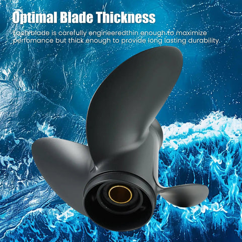 Aluminum Boat Propeller Eleven And Three Quarters By Seventeen Inches Right Hand Rotation Fits Johnson Evinrude Outboard Motors Forty HP Forty Eight HP Fifty HP Fifty Five HP With Thirteen Spline shown with water backdrop
