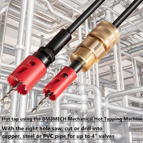 Hot tap using Bonbo DM3MECH Mechanical Hot Tapping Machine with hole saws for cutting copper, steel, PVC pipe up to 4" valves.