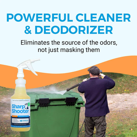 Man using Heavy Duty Trash Can Odor Eliminator And Degreaser, Garbage Surface Cleaner And Deodorizer Foam on green trash can
