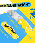 Color Coded Utility Knife Set With 4 Folding Box Cutters And 10 SK5 Blades; yellow folding knife showing dimensions.