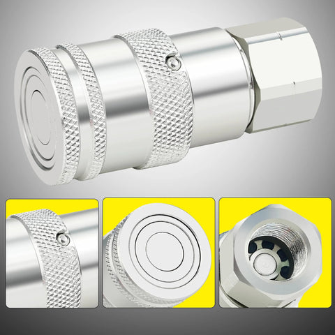 Front view of ANCIMOON 3/8'' NPT flat-face hydraulic quick-connect coupler with dust cap, silver knurled metal body