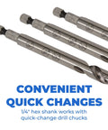 Three Kreg Easy-Set pocket-hole drill bits with 1/4-in hex shanks, steel construction