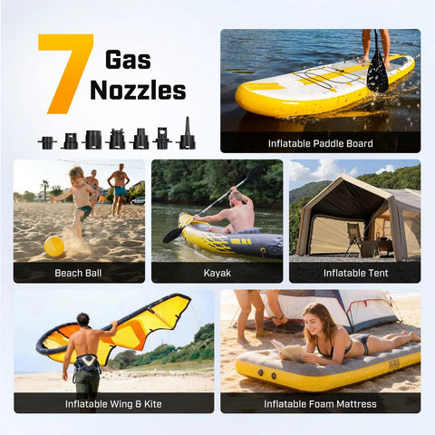 7 gas nozzles for Cordless Electric Paddle Board Pump With Auto Off And Dual Stage Inflation Deflation 7 Nozzles for SUPs
