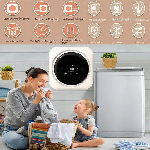Ditch The Laundromat Compact 2 In 1 Washer And Dryer With Lcd Display, 11 Lb Front Load Stainless Tub, Four Delicate Cycles, Apartment Sized Wall Mount Rack For Rvs And Studios in a home setting with a mother and child.