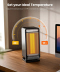 Portable 1500W Space Heater With 70 Degree Oscillation, Digital Display, Thermostat, shown on a desk adjusting temperature.