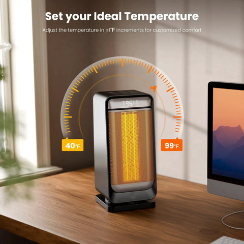 Portable 1500W Space Heater With 70 Degree Oscillation, Digital Display, Thermostat, shown on a desk adjusting temperature.