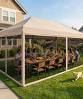 10x20 Pop Up Canopy Tent With Mosquito Netting at a backyard party, beige color, providing shade and 360° mosquito protection