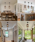 Black Farmhouse Pendant Lights for Kitchen Island, 1-Light Metal Cage Rustic Wood Pendant Light Fixtures over dining table and kitchen island.