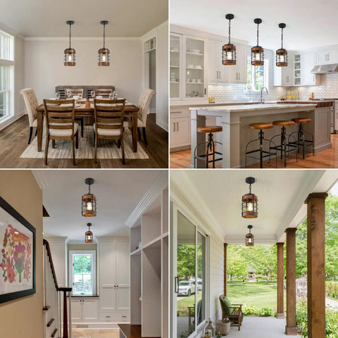 Black Farmhouse Pendant Lights for Kitchen Island, 1-Light Metal Cage Rustic Wood Pendant Light Fixtures over dining table and kitchen island.