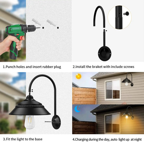 Installation steps for Solar Barn Light Outdoor Wall Sconce With Motion Sensor And 3 Lighting Modes Waterproof Farmhouse Style