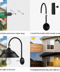 Installation steps for 2 Pack Solar Barn Lights Outdoor Wall Sconces with motion sensor on house exterior.