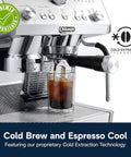 La Specialista Opera Espresso Machine With Cold Brew Built In Grinder 15 Settings For Single Or Double Dose Barista Level Steam Wand Delivers Smooth Micro Foam For Lattes And More EC9555M Renewed, front view with cold brew extraction.