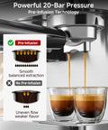 Next Level Semi Automatic Espresso Machine With Built In Conical Burr Grinder, 20 Bar Pressure, 44 Precision Grind Steps, And Quick Milk Frother For Cranking Out Barista Grade Shots Daily At Home showing espresso extraction with pre-infusion technology.