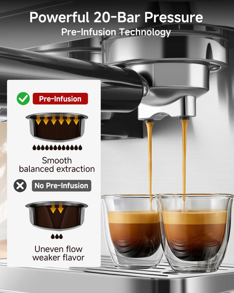 Next Level Semi Automatic Espresso Machine With Built In Conical Burr Grinder, 20 Bar Pressure, 44 Precision Grind Steps, And Quick Milk Frother For Cranking Out Barista Grade Shots Daily At Home showing espresso extraction with pre-infusion technology.