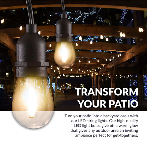Close-up of warm glowing Outdoor LED String Lights with Weatherproof Design hanging over a patio, 48 ft, 16 LED bulbs, black finish