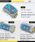 Various sized flow meters with digital displays and dimensions for 1 inch, 1.5 inch, and 2 inch models on a size guide.