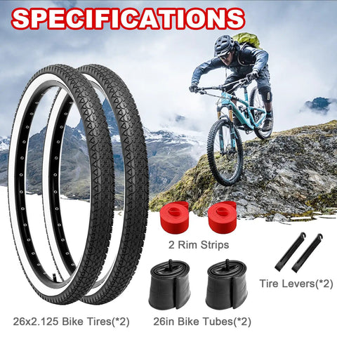2 Pack 26 By 2Point125 Inch Folding Bicycle Tires with 26 Inch Inner Tubes and Tire Levers for Beach Cruiser, mountain biking scene