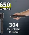 Xtreme Lumens Metal Dual Light LED Flashlight with 650 Lumen Main Beam shown in hand highlighting 304 meter beam distance