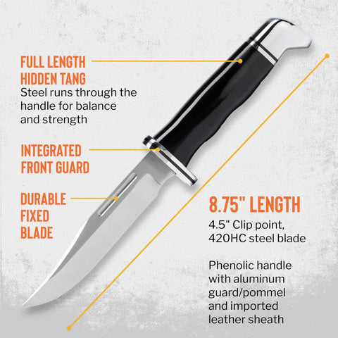 Brahma Hunting Knife 4-1/2 Inch Clip Point Fixed Blade Full Tang 420HC Stainless Steel With Phenolic Handle Sheath Included