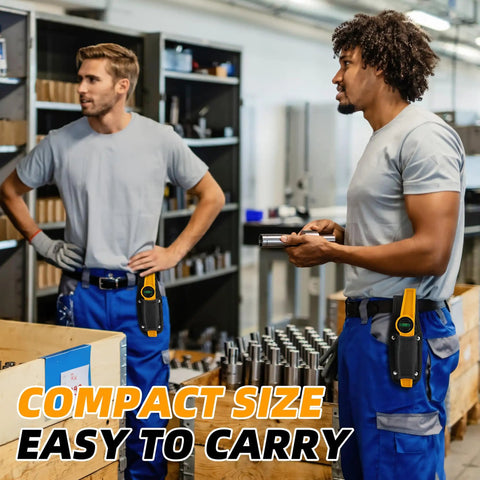 Two men discussing a 10 inch aluminum die cast magnetic torpedo level with holster for scaffolding layout.