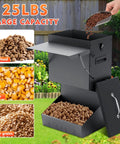 2 Pack Heavy Duty Automatic Dog Feeder With Tight Seal Lid 25 Pound Capacity Weather Resistant Outdoor display with dog food and corn.