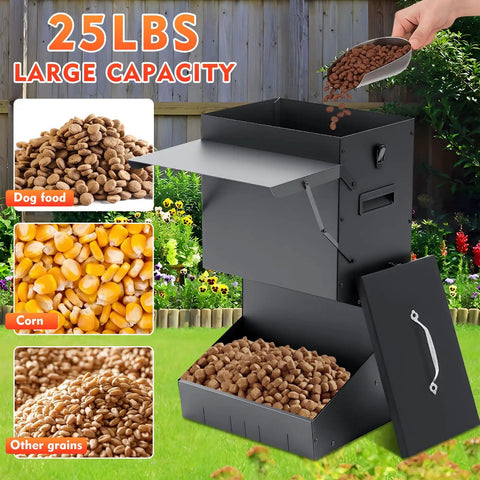 2 Pack Heavy Duty Automatic Dog Feeder With Tight Seal Lid 25 Pound Capacity Weather Resistant Outdoor display with dog food and corn.