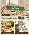 Retro Coffee Truck 3D Wood Puzzle Kit For Adults DIY Model Craft Building Set showing coffee signboard and counters