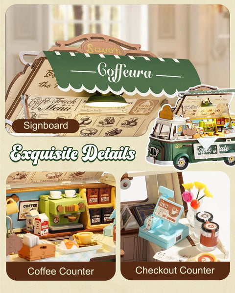 Retro Coffee Truck 3D Wood Puzzle Kit For Adults DIY Model Craft Building Set showing coffee signboard and counters
