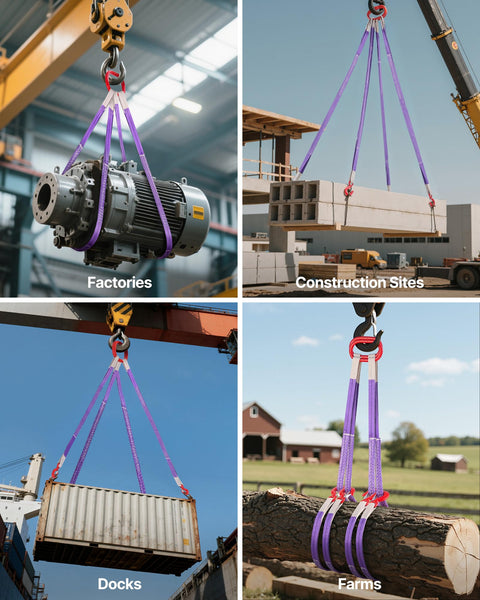 Two Pack Two Leg Lifting Slings With Hooks, 4400 Lb Capacity Heavy Duty Polyester Rigging Straps in various industrial settings