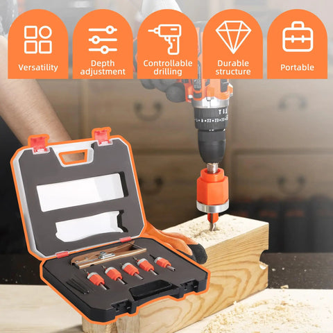Person using Six Piece Adjustable Depth Countersink Drill Bit Set With Hole Punch for Woodworking and PVC Edge Banding on a wooden block