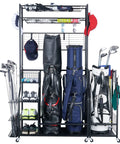 Garage Ready Golf Bag Storage Rack That Holds 3 Bags Up High With An Upper Shelf And 4 Removable Hooks, organized with bags and gear
