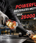 Heavy Duty Cordless Die Grinder Featuring A Zippy 26000 Rpm Brushless Motor, tool in use on metal with sparks.