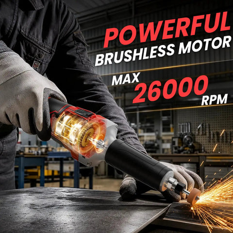 Heavy Duty Cordless Die Grinder Featuring A Zippy 26000 Rpm Brushless Motor, tool in use on metal with sparks.