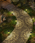 Pathway lit by Six Pack Solar Outdoor Garden Lights With Mandala Pattern, Warm Amber Glow, Waterproof Pathway Landscape Lights.