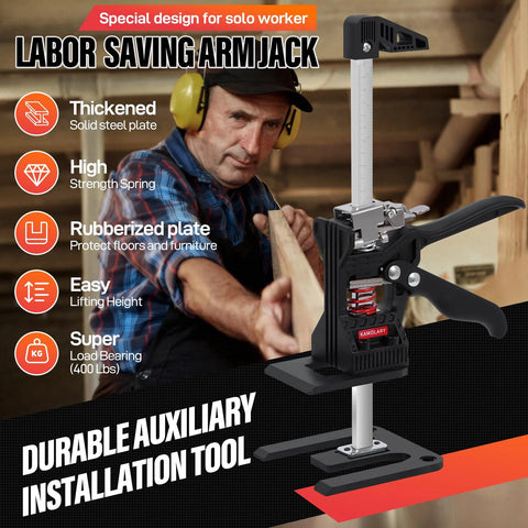 Drywall lifter and furniture jack with case; black body, silver vertical rail, Kamolary brand, 12-inch lift
