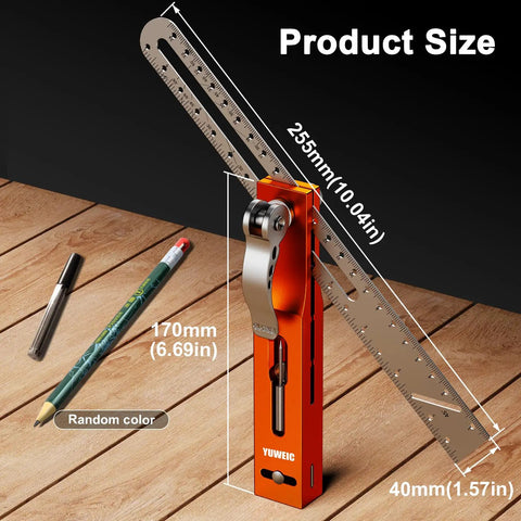 Top Shelf 9.45 Inch T Bevel Angle Finder With Heavy Duty Metal Extension Arm and Dual Scale Marking Scribe Tool dimensions displayed on wood.