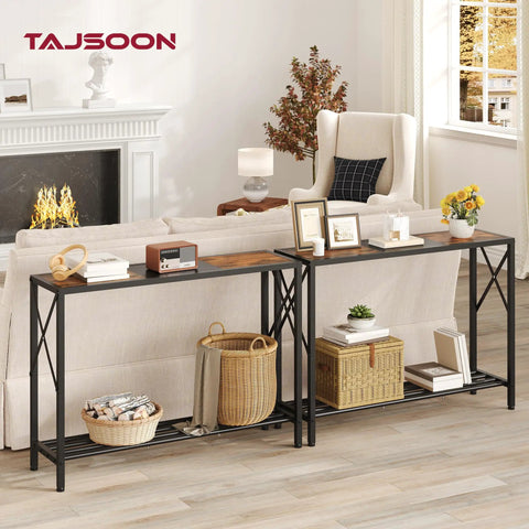 Smooth Vibes Two Tier Industrial Console Table With Open Storage Shelves For Tight Hallways Rustic Wood Surface Heavy Steel Legs Built Damn Tough No Hassle Setup Living Room Corner Unit in stylish living room setting.