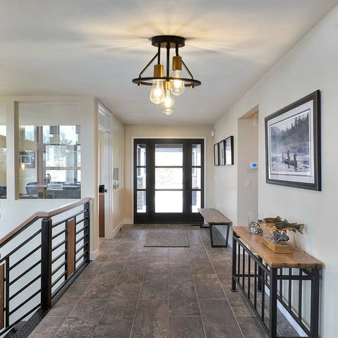 Industrial Semi Flush Mount Ceiling Light Fixture Three Light Dope Matte Black And Gold Chandelier E26 Farmhouse Ceiling Lamp in entryway