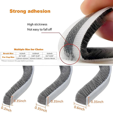 Close-up of 32.8 Ft Self Adhesive Weather Stripping Seal with brush, showing strong adhesion and size options, 0.35 in thickness