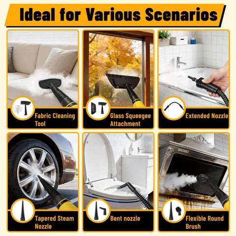 No Nonsense Heavy Duty Handheld Steam Cleaner Straight Up Killer Performance 475 Ml Tank with fabric, glass, and nozzle attachments for cleaning.