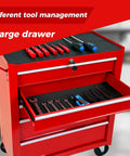 Heavy Duty Rolling Tool Chest With Five Drawer Secure Lock And Cushioned Top Rest Spot Designed For Tough Job Sites And Serious Gear Stash Featuring Smooth Roll Brake Wheels And Classic Red Shop Storage showing large drawer with organized tools.