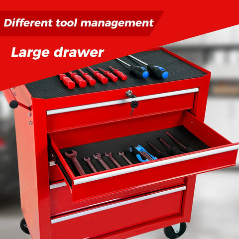 Heavy Duty Rolling Tool Chest With Five Drawer Secure Lock And Cushioned Top Rest Spot Designed For Tough Job Sites And Serious Gear Stash Featuring Smooth Roll Brake Wheels And Classic Red Shop Storage showing large drawer with organized tools.