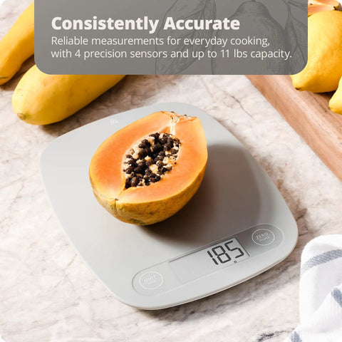 Go-To Slim Digital Kitchen Scale With 1g Precision featuring papaya on display, showcasing easy tare and quick unit conversion.