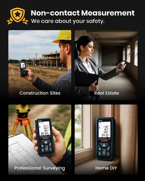 Pro Grade Laser Distance Meter with Backlit LCD Display used in construction, real estate, surveying, and home DIY