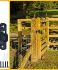 Two Pack 90 Degree Rotating Barn Door Locks for Privacy and Security, Solid Stainless Steel Latch set next to wooden garden gate.