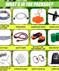 Backyard Zipline Kit for Kids and Adults With 120 Ft Cable, 6 Ft Spring Brake, Trolley With Handle, Seat, And Bag package contents