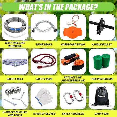 Backyard Zipline Kit for Kids and Adults With 120 Ft Cable, 6 Ft Spring Brake, Trolley With Handle, Seat, And Bag package contents