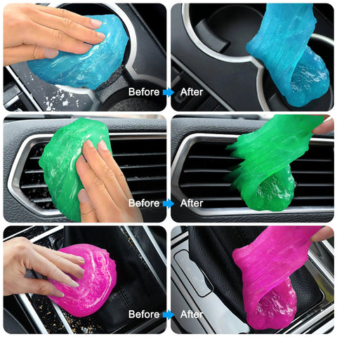 Pro Grade Car Cleaning Gel 4-Pack, 320g total, cleaning air vents and console dust in blue, green and pink