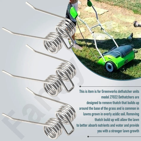 Durable Steel Dethatcher Tines For Lawn Dethatchers 27022, showing 18-pack design near a green corded detatcher on grass