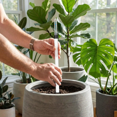 Dual Pack 14 Inch Floating Water Level Indicator For Plants With Buoy Moisture Meter Gauge To Track Real Time Hydration For Indoor Outdoor Planters And Flower Pots Preventing Soil Shortage And Overwatering installed in a large indoor planter